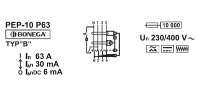 Schéma a popisy 3 fázového provedení proudového chrániče typu "B"
