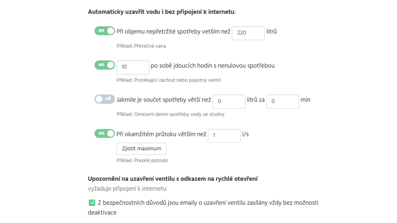 Snímek obrazovky z aplikace - automatické uzavření vody